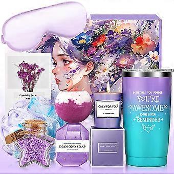 Spa Gift Basket for Women with Complete 8Piece Set, Lavender Candle, Tumbler and Silk Eye Mask