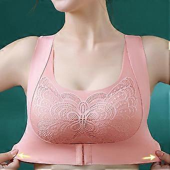 Topje voor dames met volledige cups, beha-inlegkussentjes, zonder stalen beugels, sling-model, naadloos, push-up effect, sluiting aan de voorkant, tanktopmodel met gerimpelde details.
