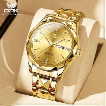 OPK 8151 Fashion Gold Blue Watch for Men 41mm Diamond Dial Man Quartz Watch Stainless Steel Waterproof Calendar Wristwatch