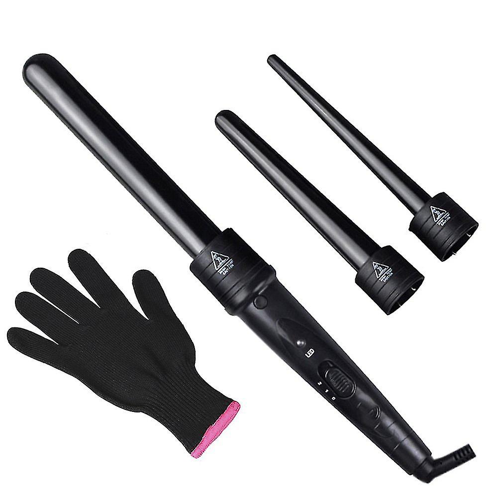 Lockenstab Set, 3 In 1 Haarlockenstab Set Austauschbare Keramikfässer mit freiem hitzebeständigem Handschuh (schwarz) 5pcs