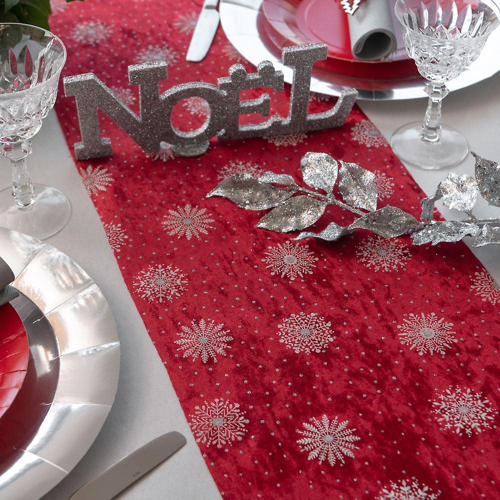 Christmas Table Runner Red with Silver Snowflakes | Velvet Party Decoration 2.5m