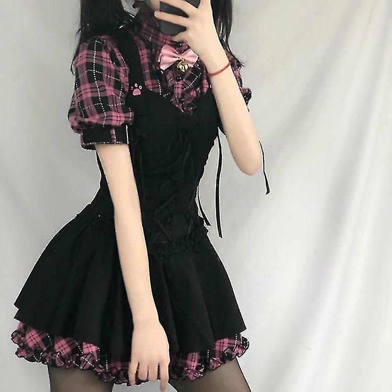 夏レディースプレイドドレスカワイイピンクのドレス半袖スリングミディドレスロリータ原宿