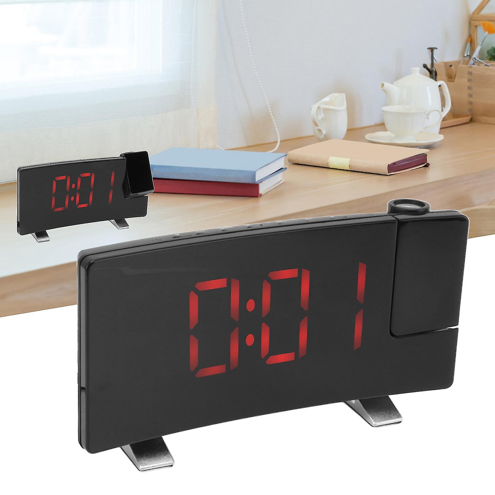 Radio Projection Alarm Clock LED Display Electronic Clock Curved Screen Digital Alarm Clock Black Body Red Letters 