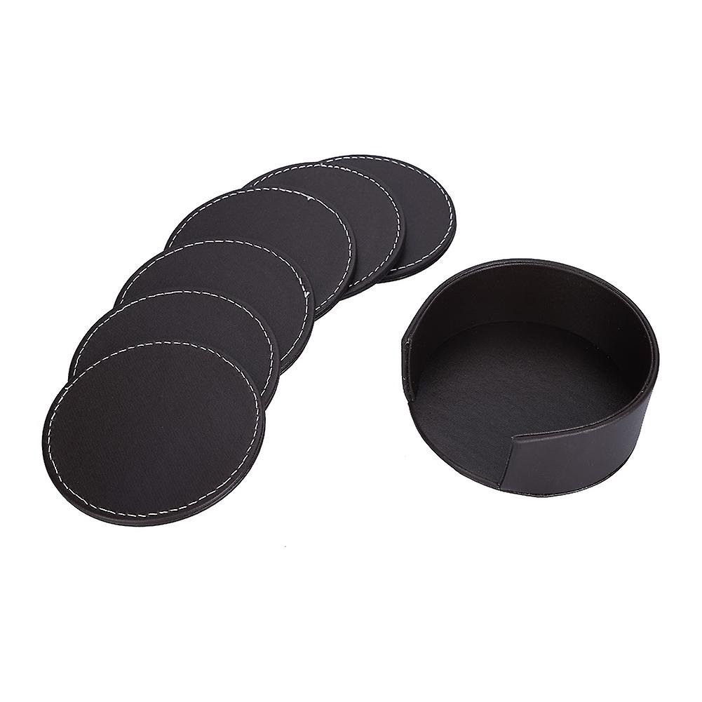 PU Leather Drink Coasterswith Holder with Holder Set of 6 Coasters for Table Protection Brown Round