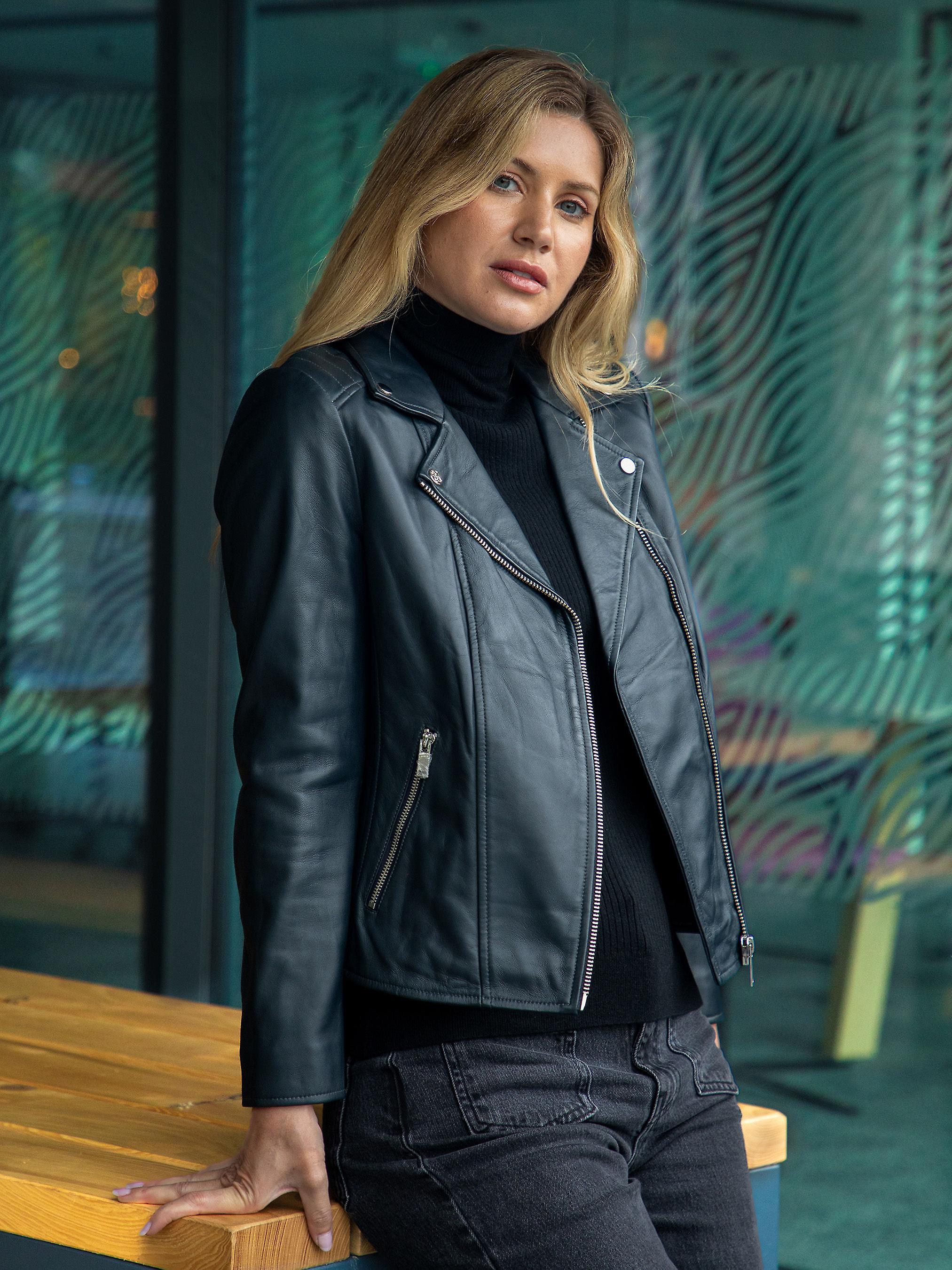 Thirlmere Leather Biker Jacket in Navy