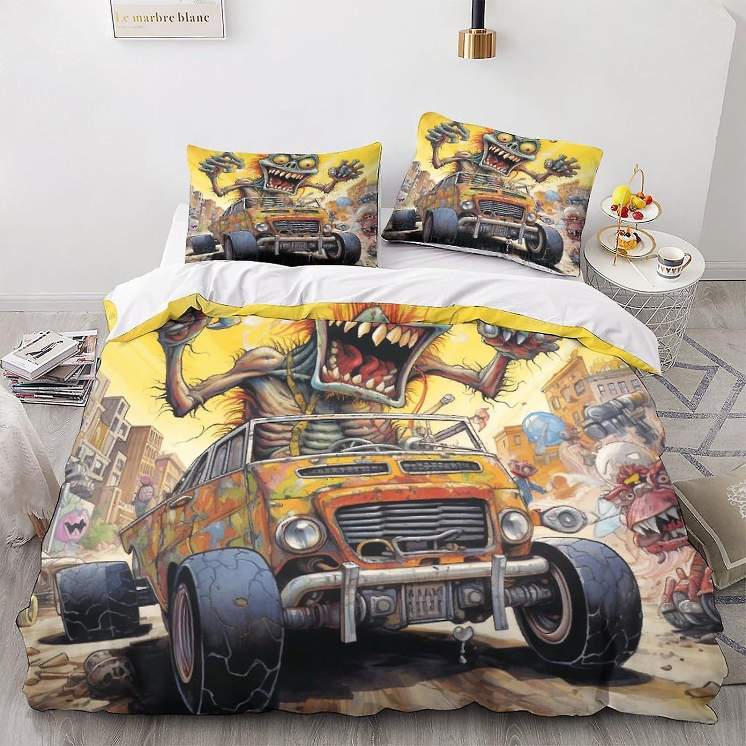 LikeEj Monster Copripiumino Cartone Animato Set Biancheria Da Letto Copripiumino Copripiumino Modello Auto Vintage Copriletto Copriletto Camera Decor Re