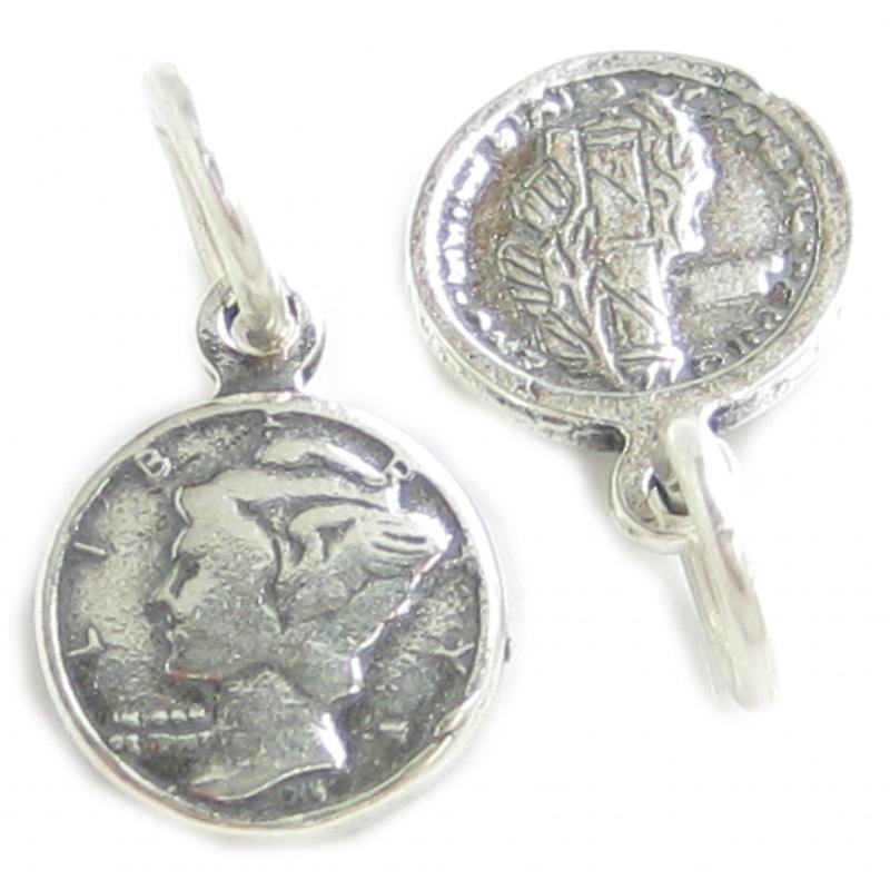 Mercury Dime Tiny Sterling Silver Charm .925 X1 Dimes Coins Charms