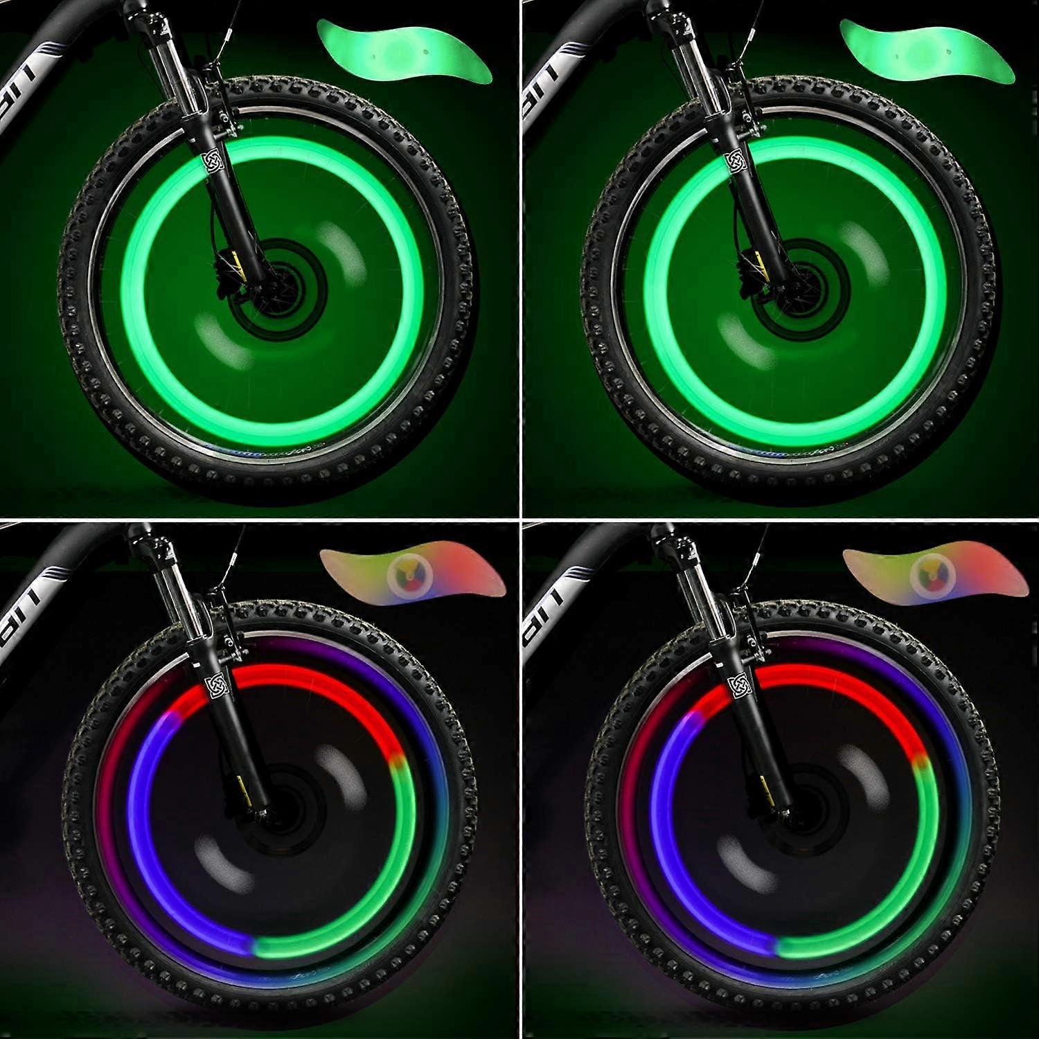 LED Wheel Lights (Green + Multicolor) Set of 4, Bike Wheel Spokes for MTB Mountain Bike Cycling Adults and Kids, 3 Flashing Modes
