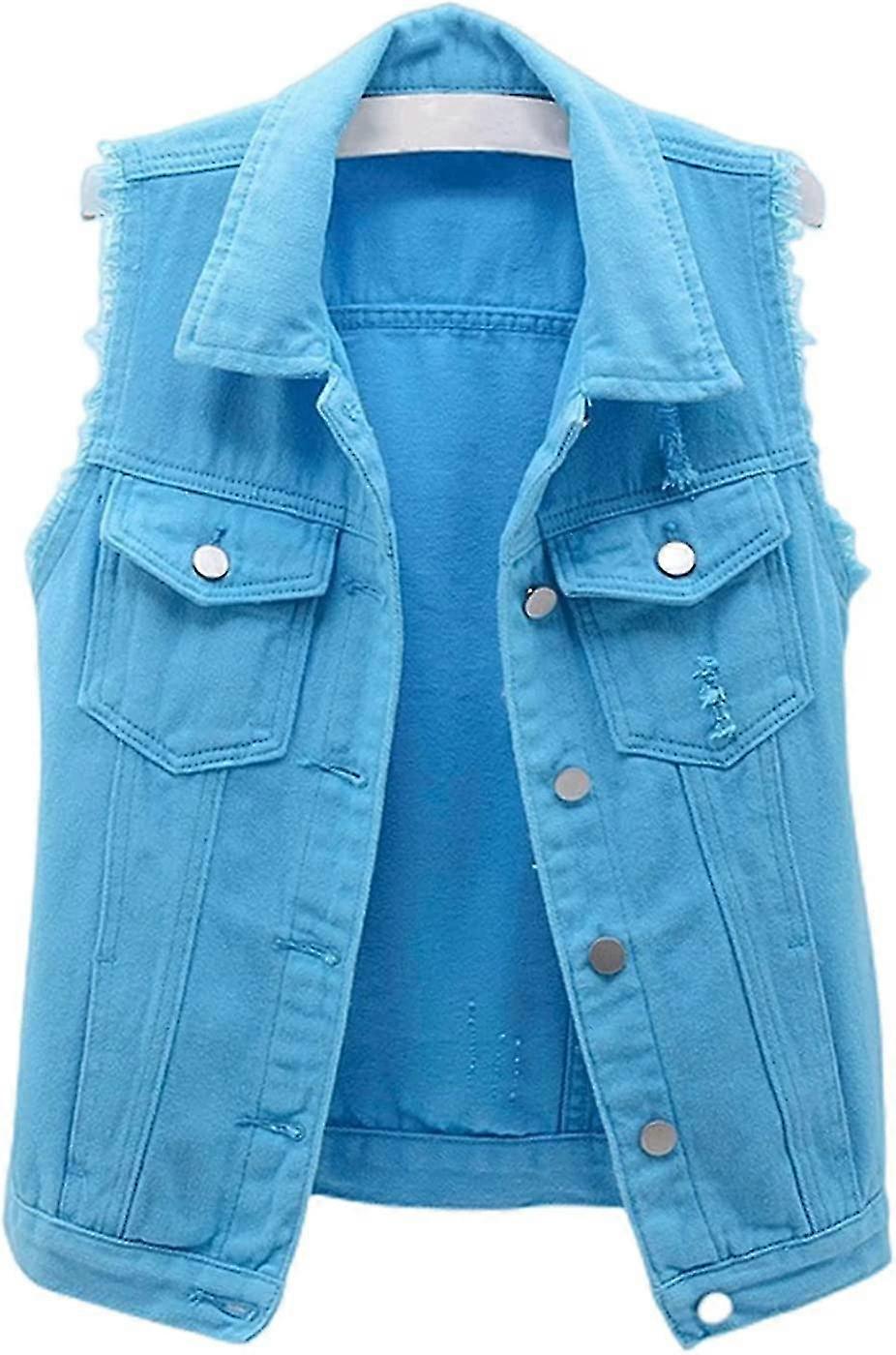 Damen Crop Jeansweste Jacke Ärmellos Button Down Zerrissene Casual Weste Jacke