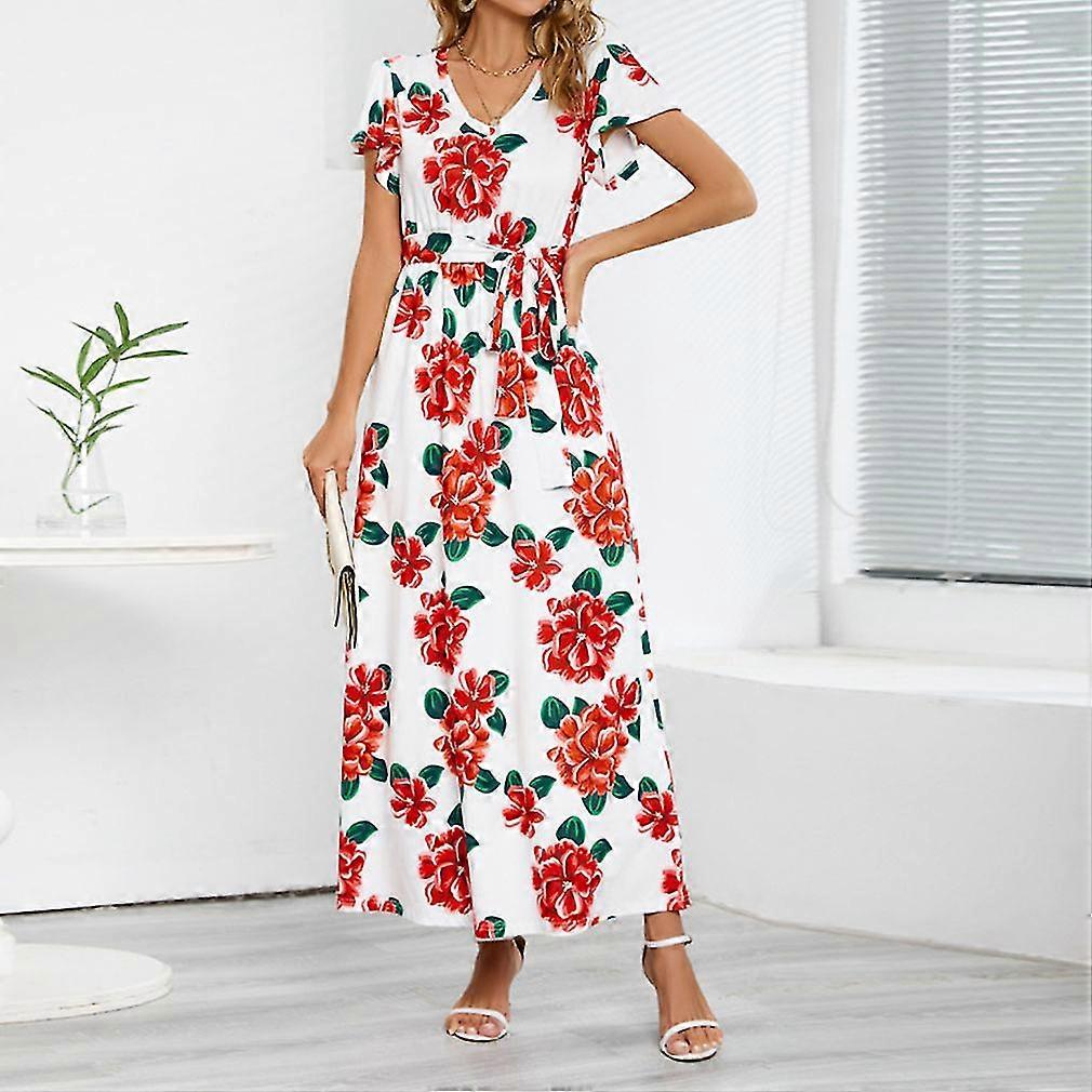 Femmes Été Manches Courtes V Col Maxi Lâche Robe Maxi Décontractée Robes longues