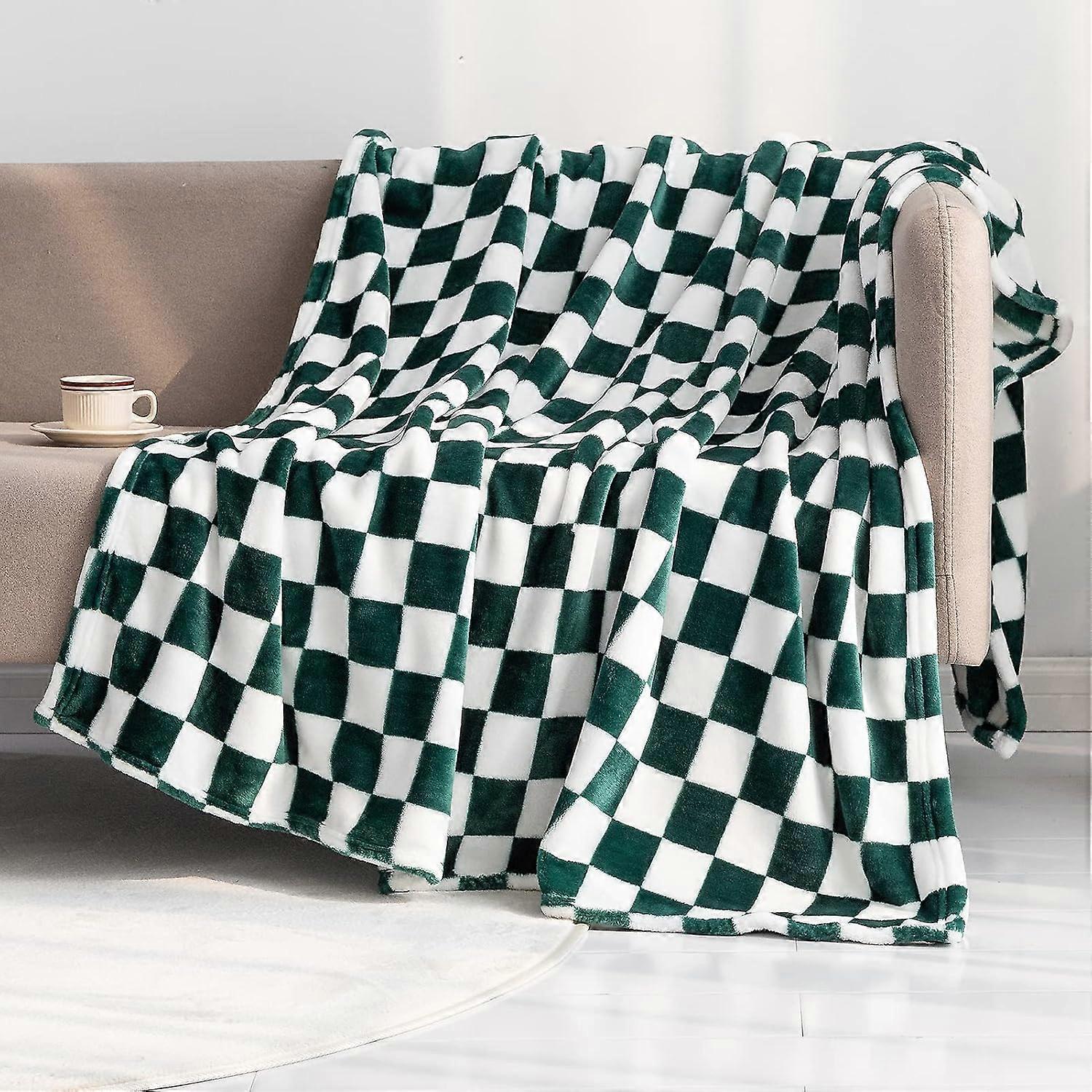 Throw Blankets Flannel Blanket with Checkerboard Grid Pattern Soft Throw Blanket for Couch, Bed, Sofa Luxurious Warm and Cozy for All Seasons (Green,