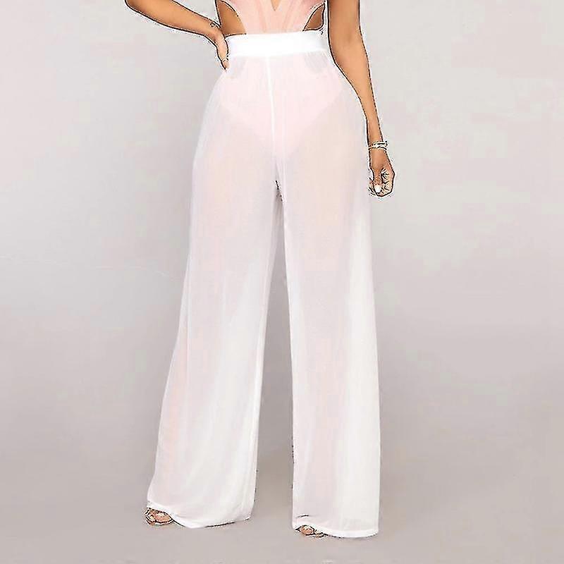 Vrouwen doorzien Boho Wijde Pijp Hoge Taille Broek Strand Lange Losse Mesh Doorschijnende Broek Hot-Yvan