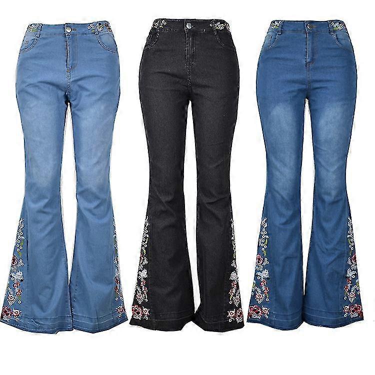 Womens Floral Embroidered Bell Bottom Flare Jeans