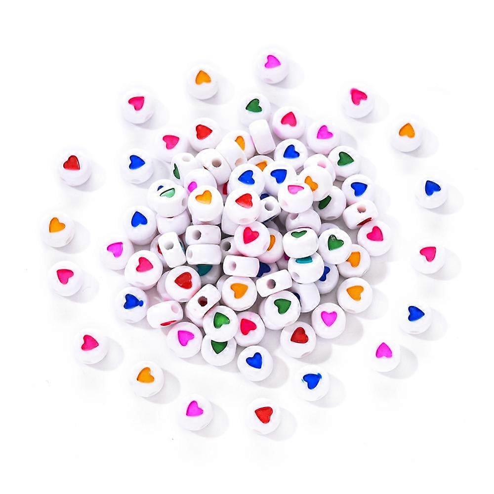 1Bag White Opaque Acrylic Beads Flat Round with Mixed Color Heart Pattern 7x7x3.5mm Hole: 1.8mm about 100pcs/bag