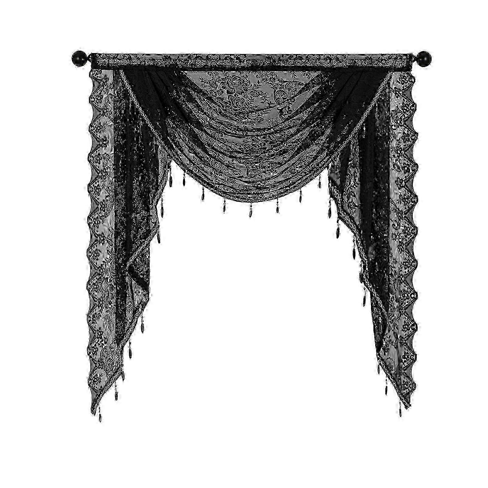 Black Beaded Lace Waterfall Valance Lightweight Breathable Easy Installation Luxurious Small Window Semi Sheer Swag Waterfall Valance