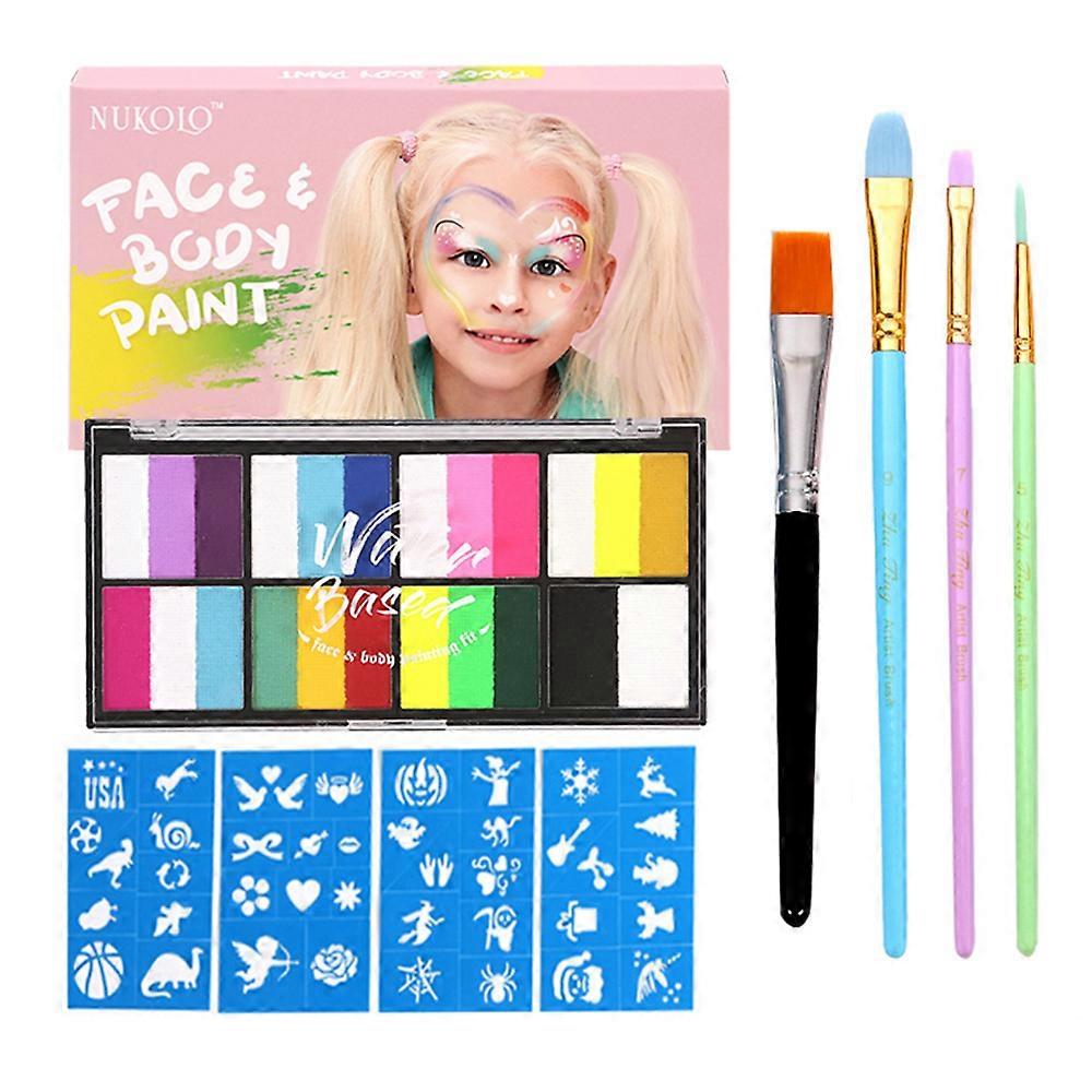 Watercolor Paint Palette Set 18 Colors Set Professional Face Split Cakes with 4 Brush & 4 Stencils Safe & Non Toxic Water Activated Face and Body Pain