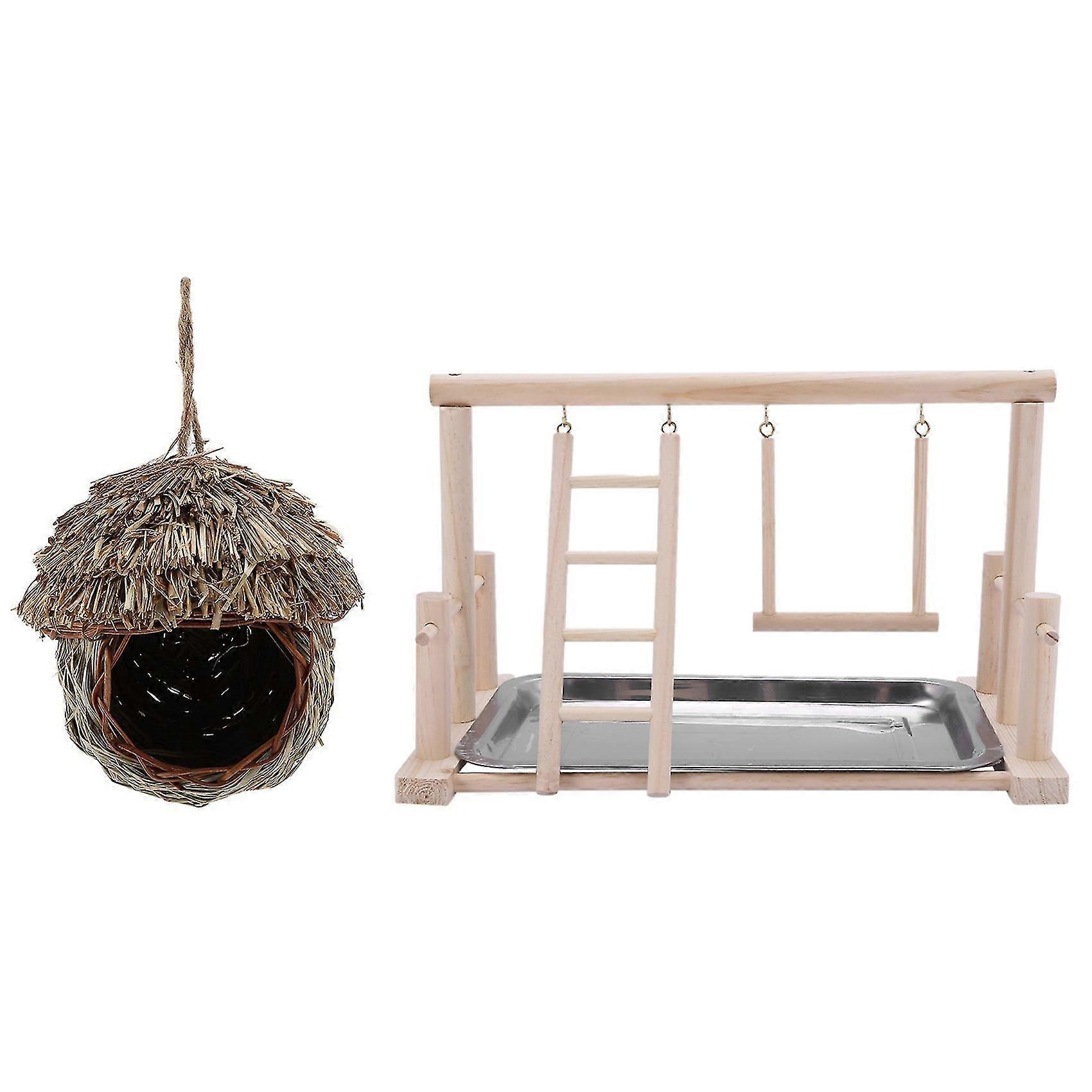 Wood Stand And Stainless Steel Tray Pet Bird Frame Training Stand