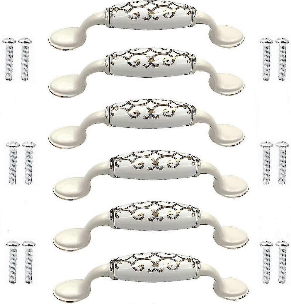 6pcs Ceramic Alloy Door Knobs Cabinet Cupboard Cupboard Chinese Style White Handle