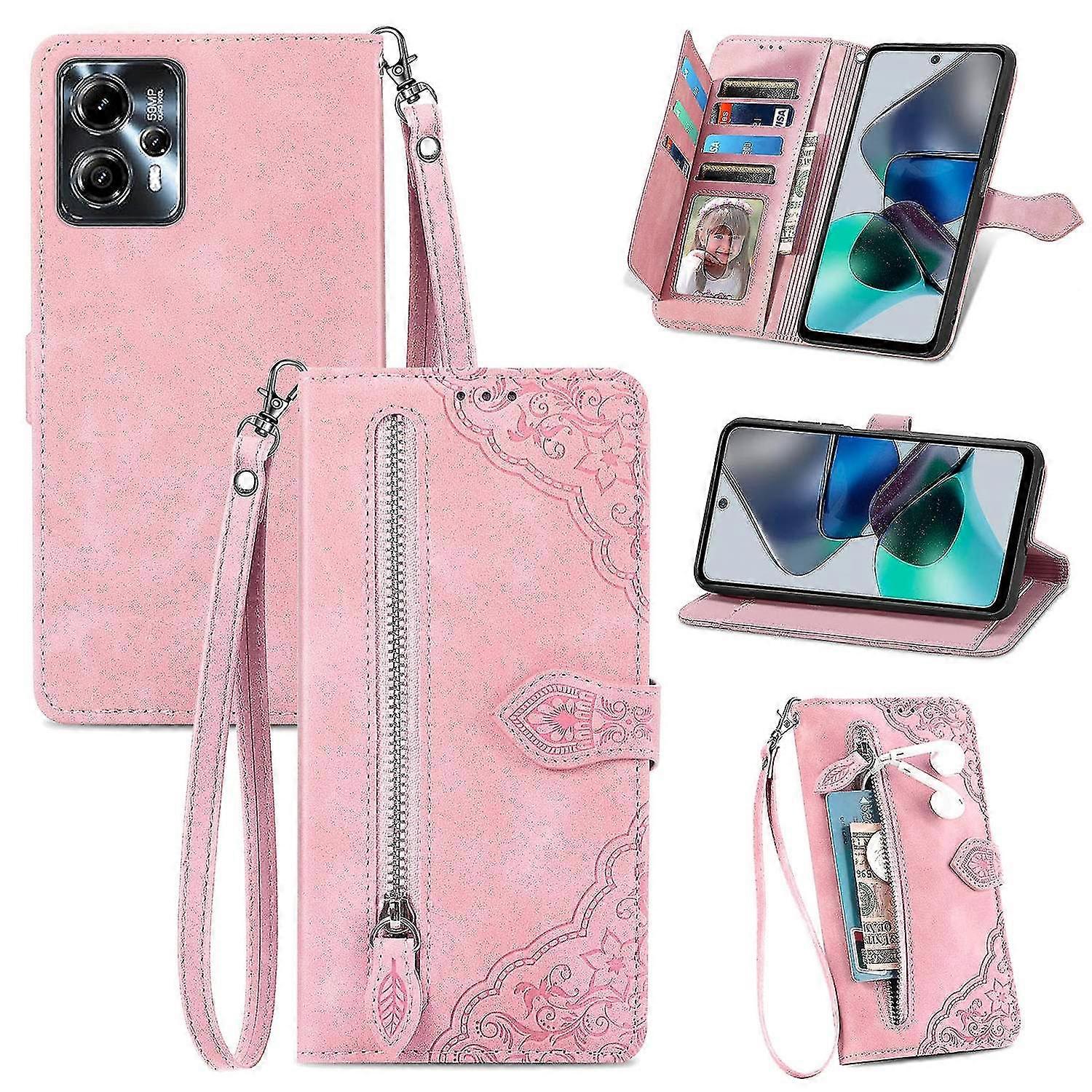 Per Motorola Moto G23 4G / G13 4G Fiore Phone Cover Zipper Pocket Stand Phone Wallet Case Rosa