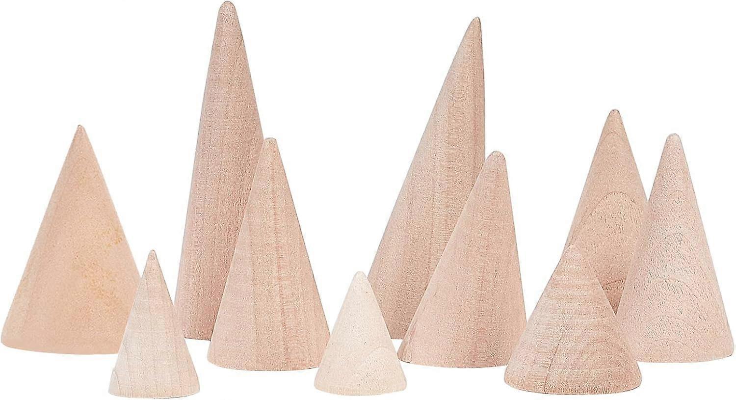 10 Pcs Natural Wood Cone Ring Holders Wooden Ring Display Stands with 10 Different Size Unpainted Wooden Cones Jewelry Display DIY Craft Wood Cone Sta