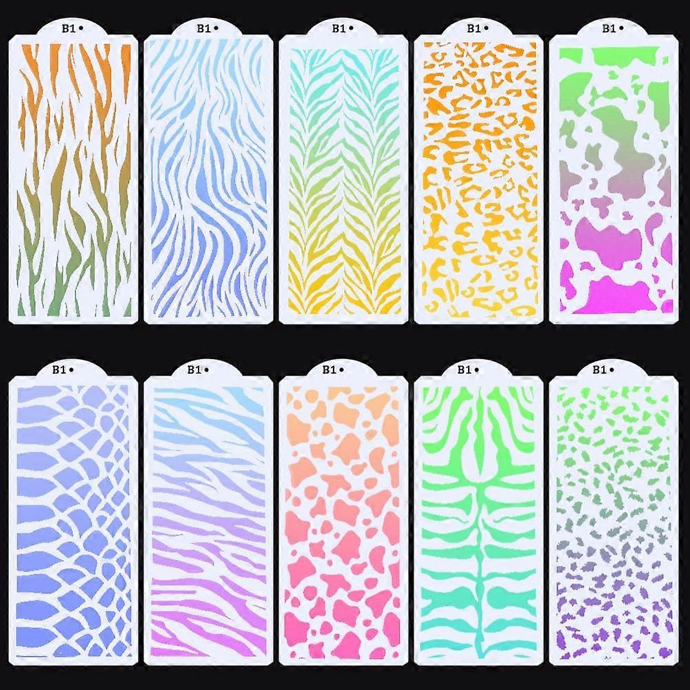 10Pcs Art Texture Stencils Plastic Reusable Mixed Media Template Leopard Cow Print Abstract Layered Border Stencils for Crafts Painting on Wood Wall F