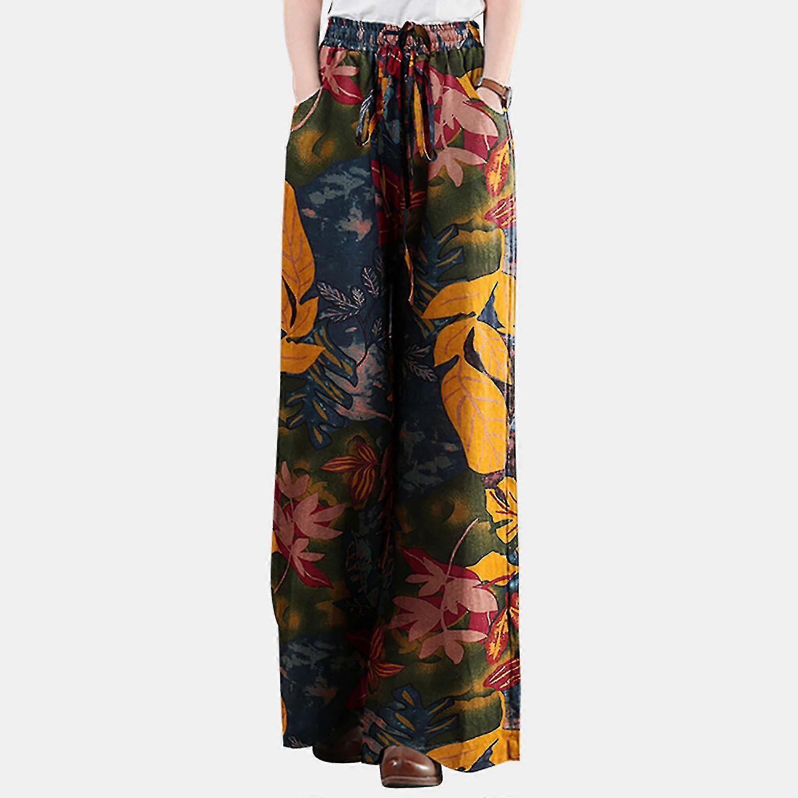 Women Printing Cotton Linen Ankle-length Pants Pokets Casual Elastic Trousers Long Pants