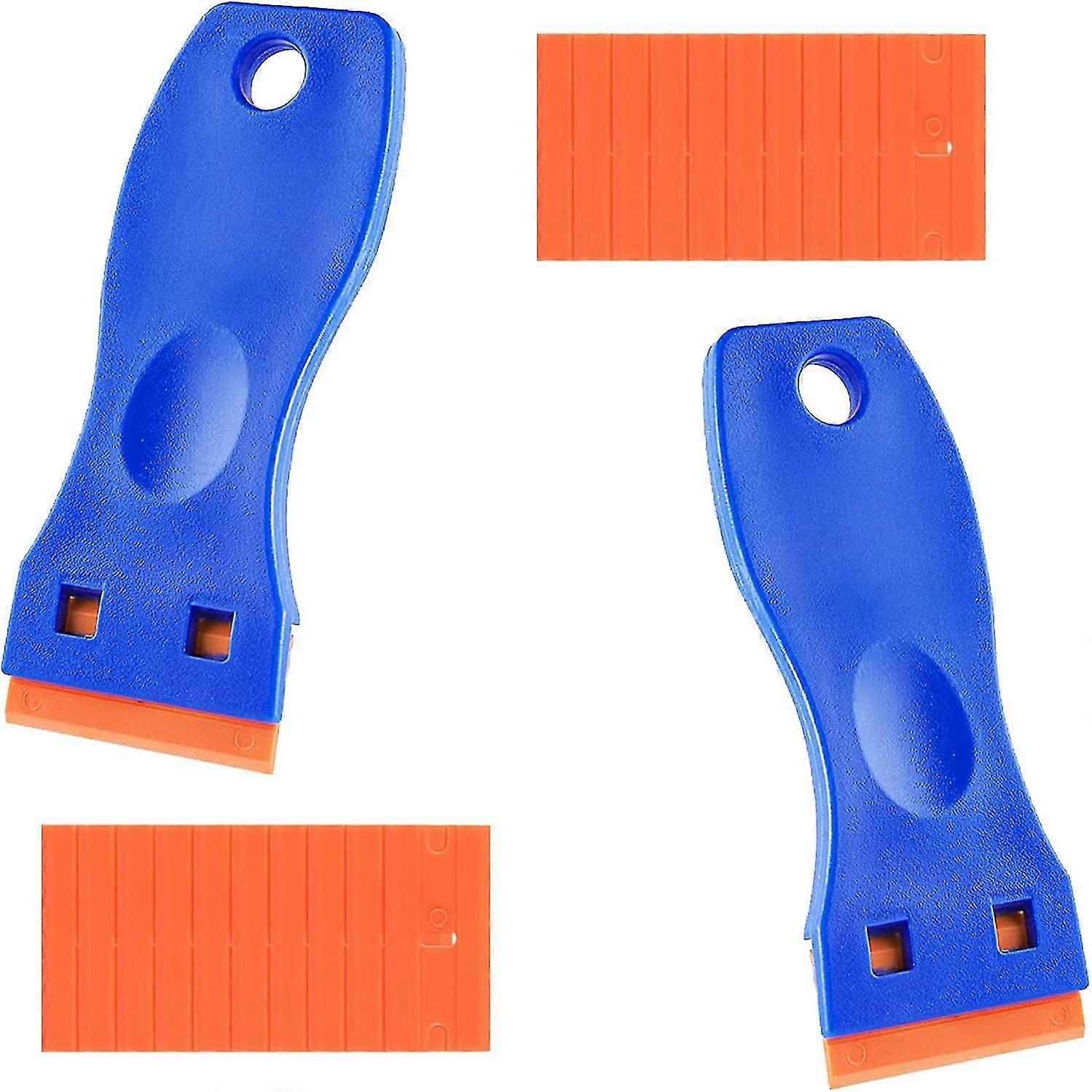 2 Pieces Plastic Scraper, Glass Scraper, Vitroceramic Scraper With 20 Blades For Removing Adhesive Labels, Stickers, Blue