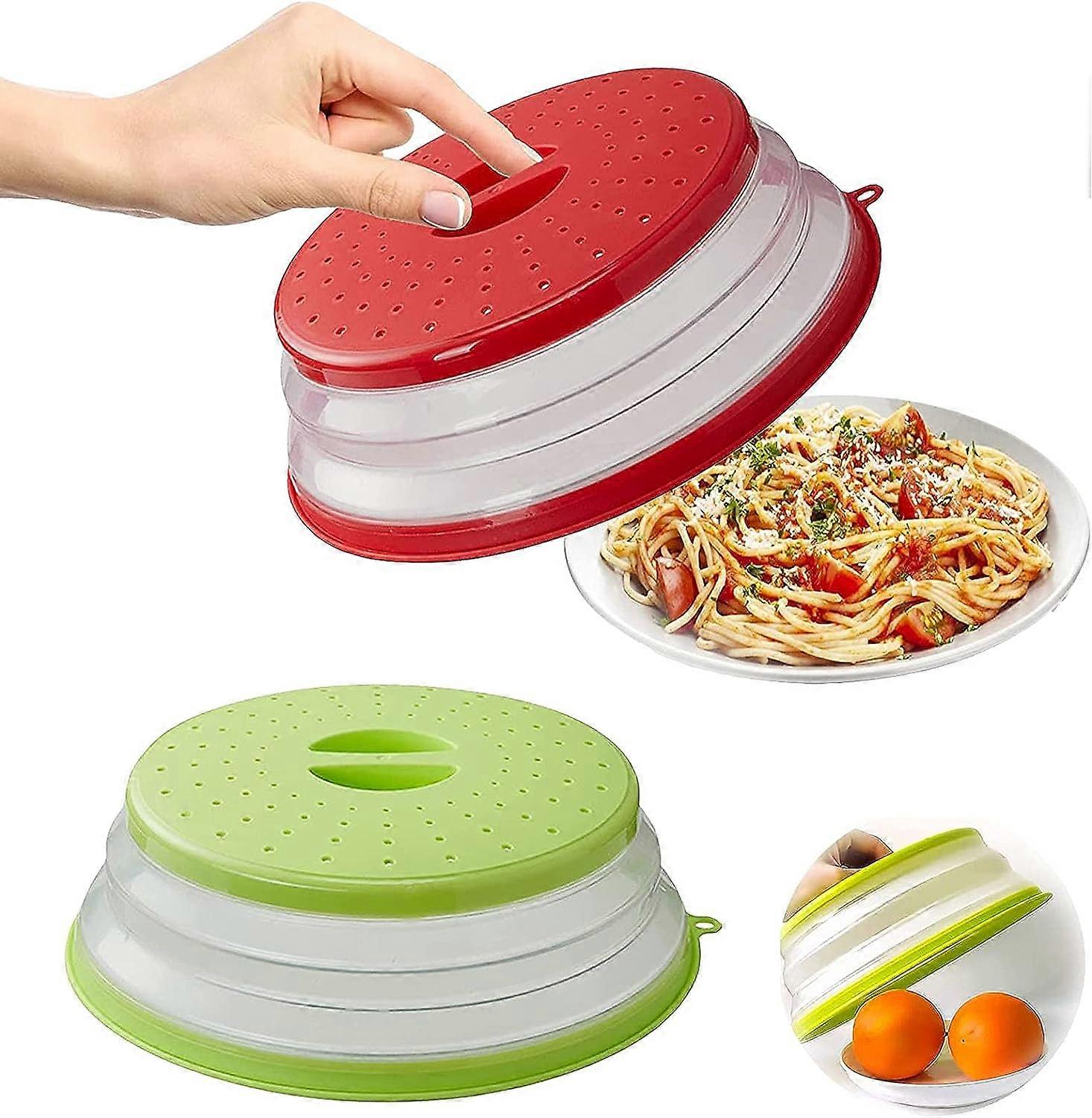 Microwave Collapsible Lid, 2 Pieces Collapsible Microwave Cloche, Food Warming Lid Microwave Splash Proof Lid with Steam Hole (Red + Green)