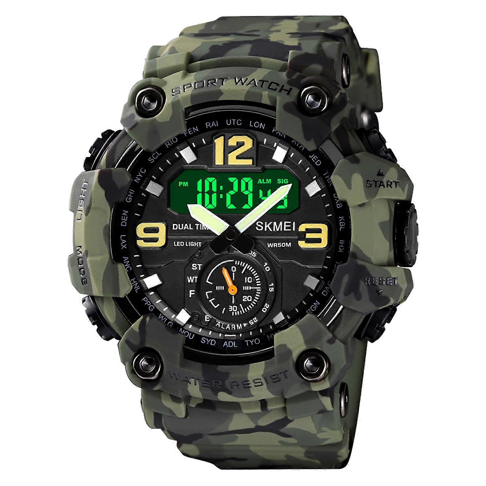 Reloj deportivo digital para hombre Reloj deportivo impermeable clásico de 5ATM con cronómetro de alarma Reloj de pulsera analógico electrónico de doble pantalla con retroiluminación LED 12 / 24 para