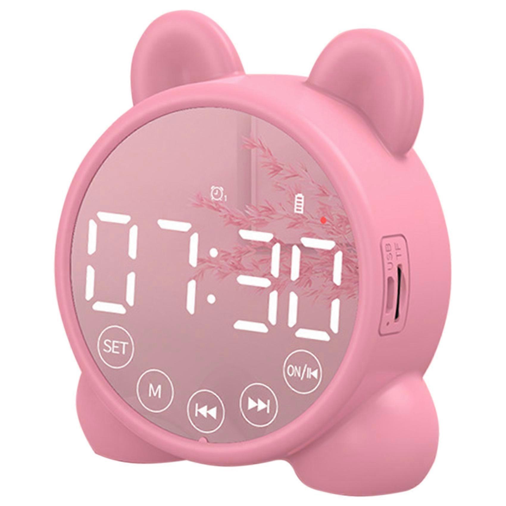 Kids Alarm Clock Bluetooth Speaker Bedside Alarm Clock,Mirror Digital Wake-Up Timer,Kids Sleep Trainer Pink