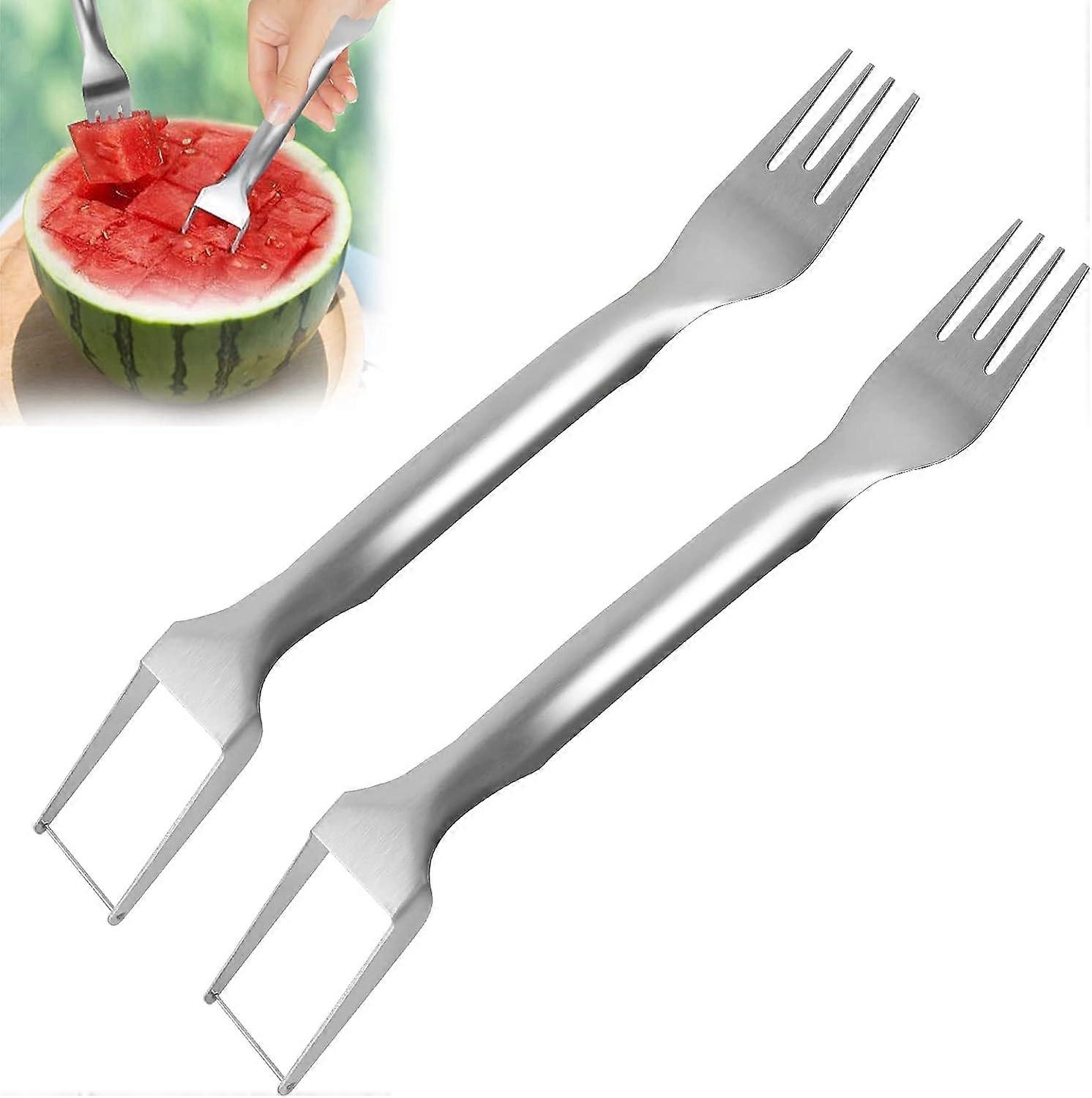 2-in-1 Watermelon Fork Slicer, 2Pcs Watermelon Slicer Cutter Stainless Steel Fruit Forks Slicer Tool for Summer Family Parties Camping Watermelon Cutt
