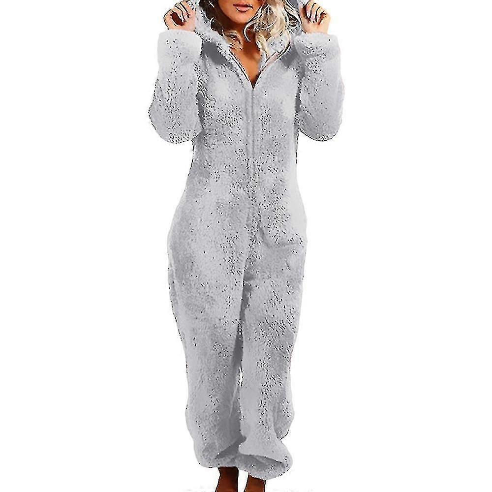 Womens Warm Soft Fluffy Fur Fleece Hooded All In Jumpsuit-MXBC