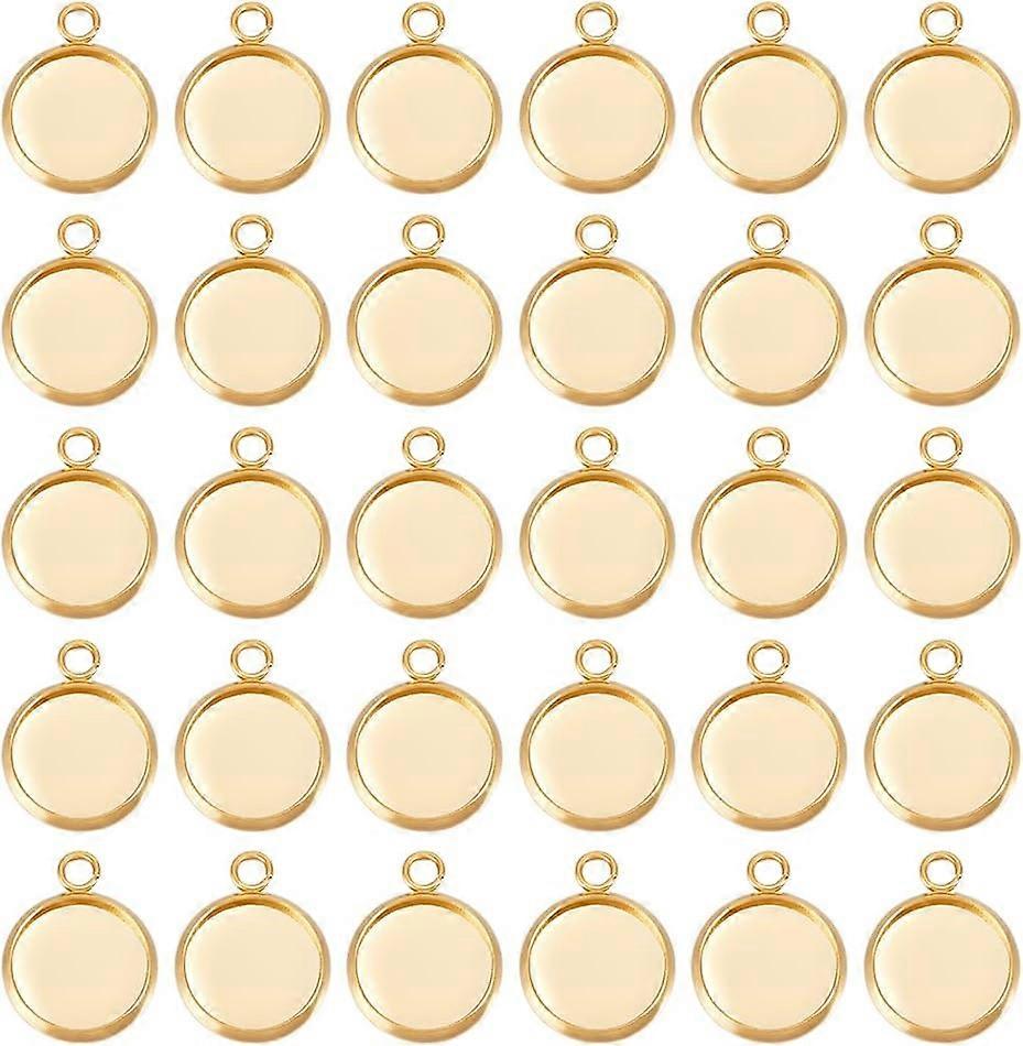 1 Box 40Pcs Flat Round Charm 24K Gold Plated Brass 12mm Blank Bezel Tray Charms Cabochon Settings with Loop for Jewelry Making