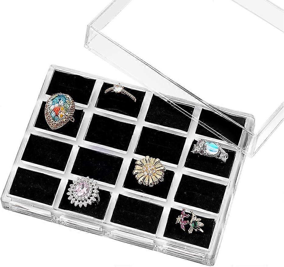 Ring Display Box 16 Slots Ring Display Stands Ring Holder Display Tray with Lid Jewelry Organizer Stands Black for Selling Rings Earrings Show Proposa