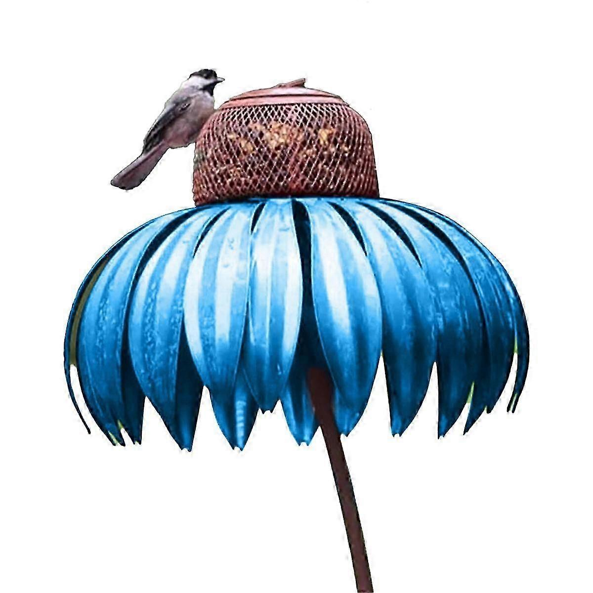 בקבוק האכלה כחול עם מעמד חיצוני להאכיל ציפורים בצורת פרחי גינה