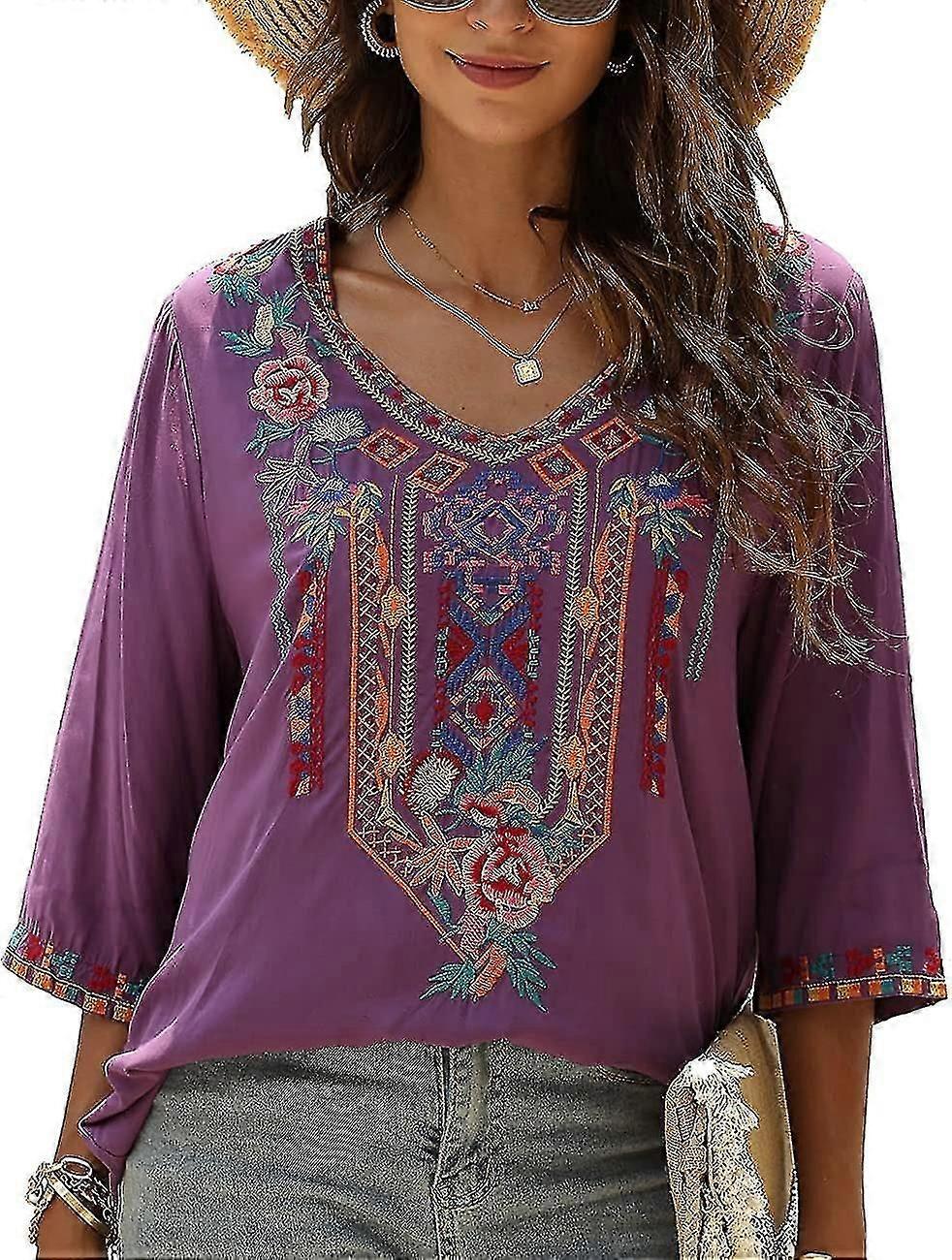 المرأة الصيف بوهو التطريز المكسيكي البوهيمي قمم الخامس الرقبة 3/4 كم السببية فضفاضة قميص بلوزة تون