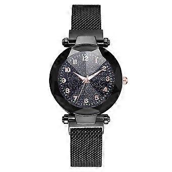 Modische Damen-Quarz-Armbanduhr mit Magnetknopf und Netzarmband, rundes Zifferblatt, Legierung (schwarz)
