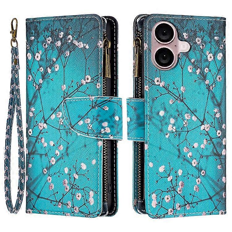 BF03 Compatible For iPhone 16 Plus Case Pattern Printing Zipper Leather Phone Stand Cover