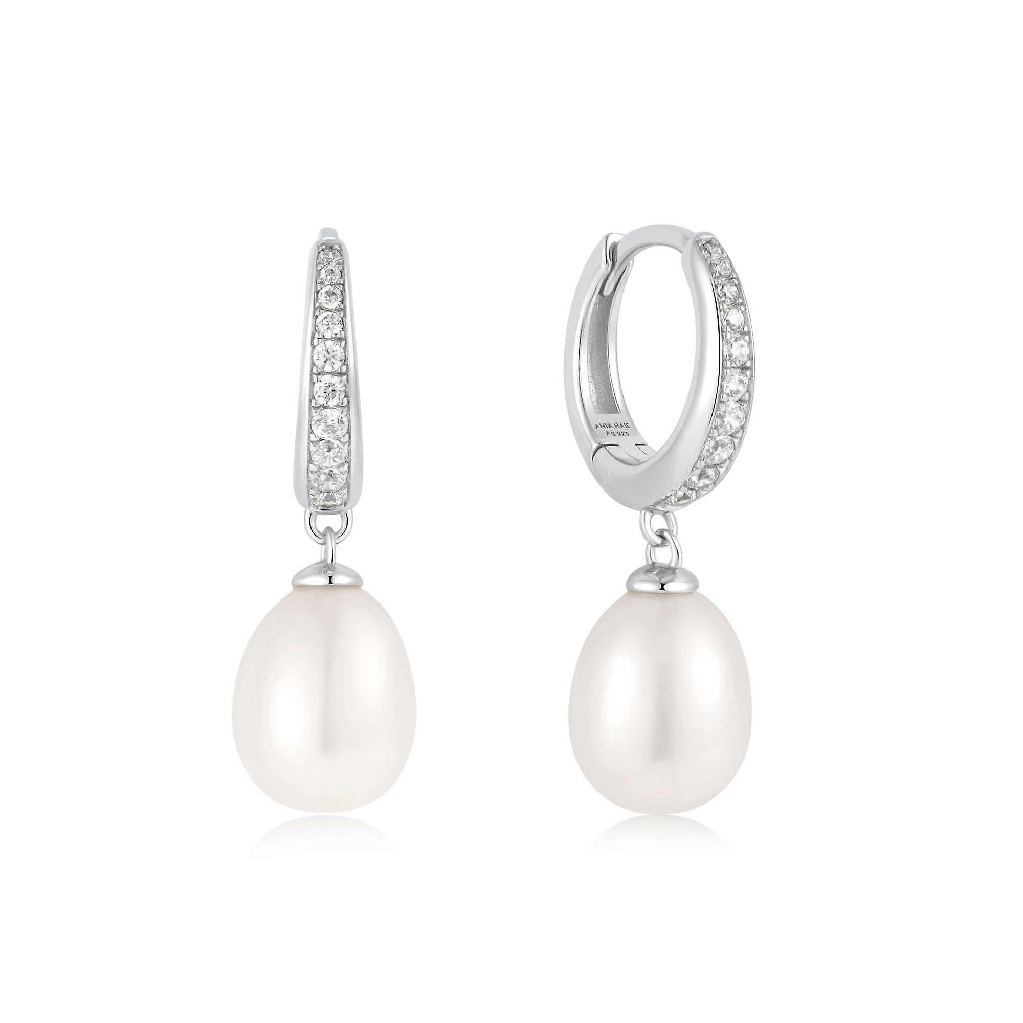 Ania Haie Silver Freshwater Pearl White Cubic Zirconia Pavé Drop Huggies E058-03H