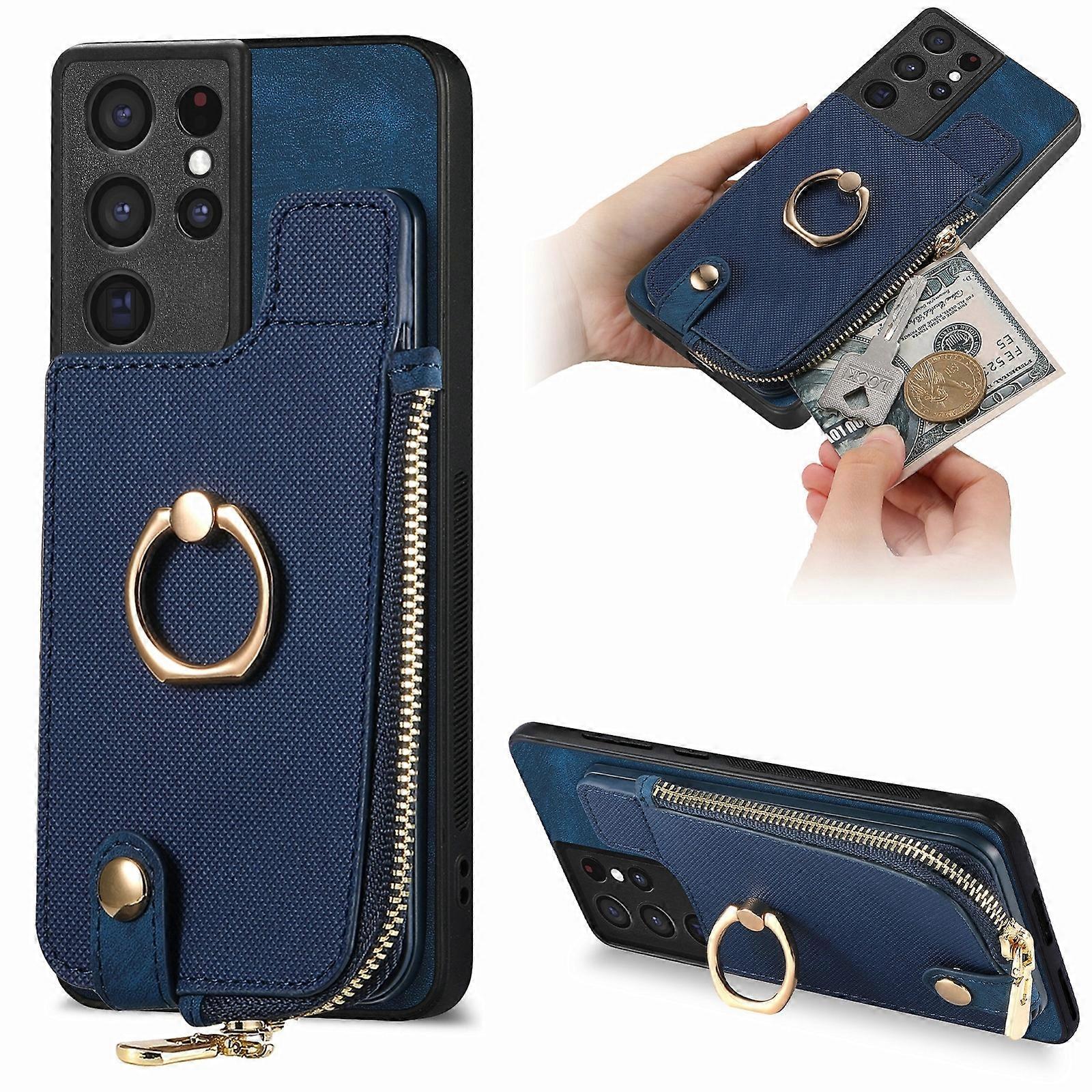 Cross Leather Ring Vertical Zipper Wallet Back Phone Case
