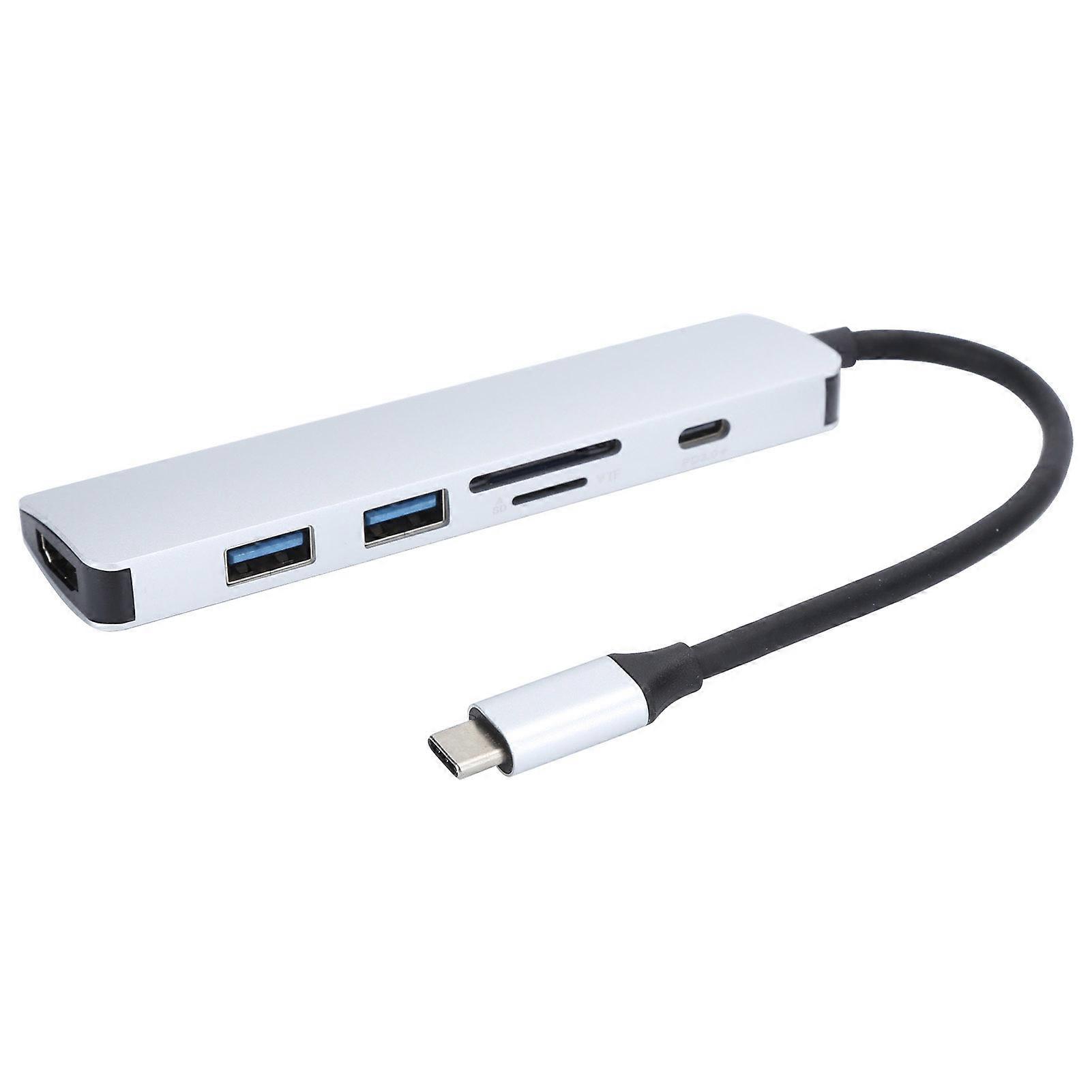 Type‑C Hub 6 In 1 Silver 2 USB Port +3.0 Memory Card/ Small Memory Card+PD+HDMI Adapter