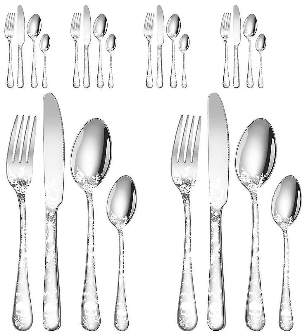 24-Piece Silverware Set with Gothic Skull Pattern Design for Daily Use and Halloween Party Events Serving for 6