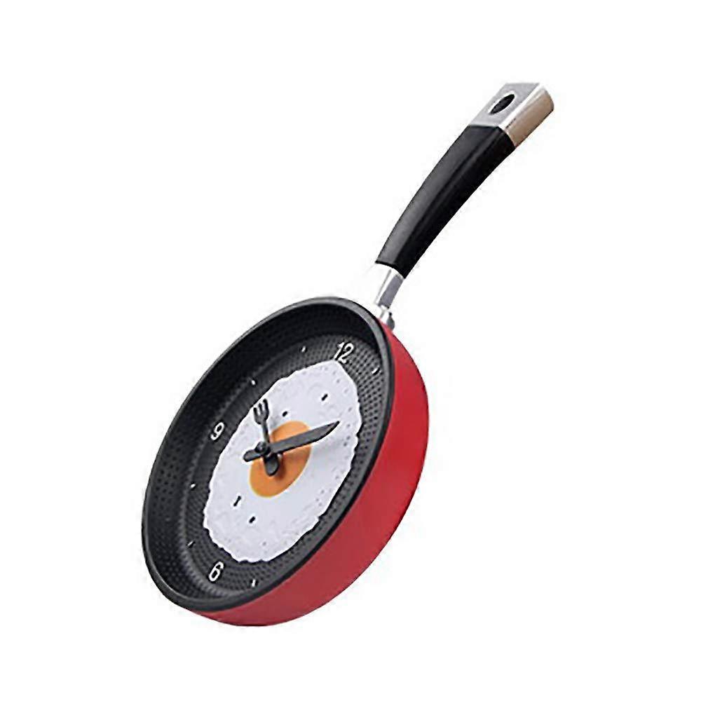 Kitchen Cafe Wall Clock – Red Frying Pan Omelette Design, Silent Sweeping Movement, ABS Material, Creative Pan Shape