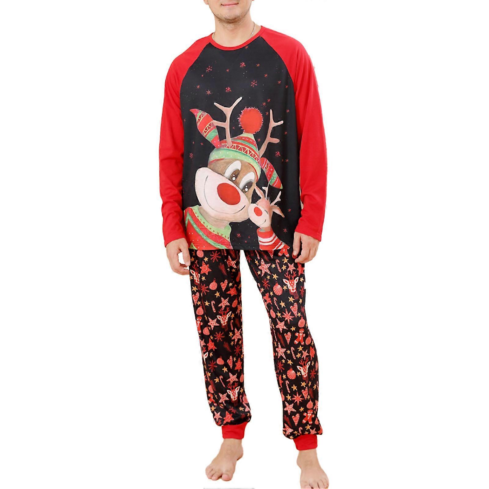 Christmas Family Matching Color Blocking Patchwork Printed Long Sleeve Crewneck Parent Child Pajamas Set