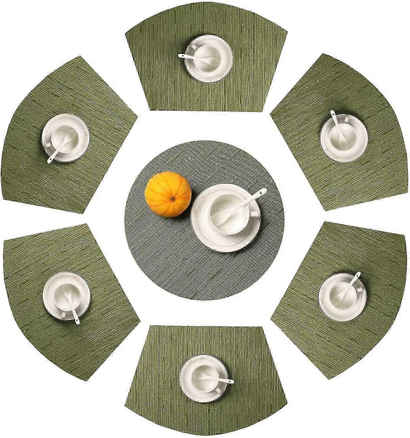Round Table Placemats Set of 7 Woven Vinyl 6 Wedge Place Mats with Centerpiece Round Mat for Kitchen Table Round Table Mats Wipe Clean (7, Green)