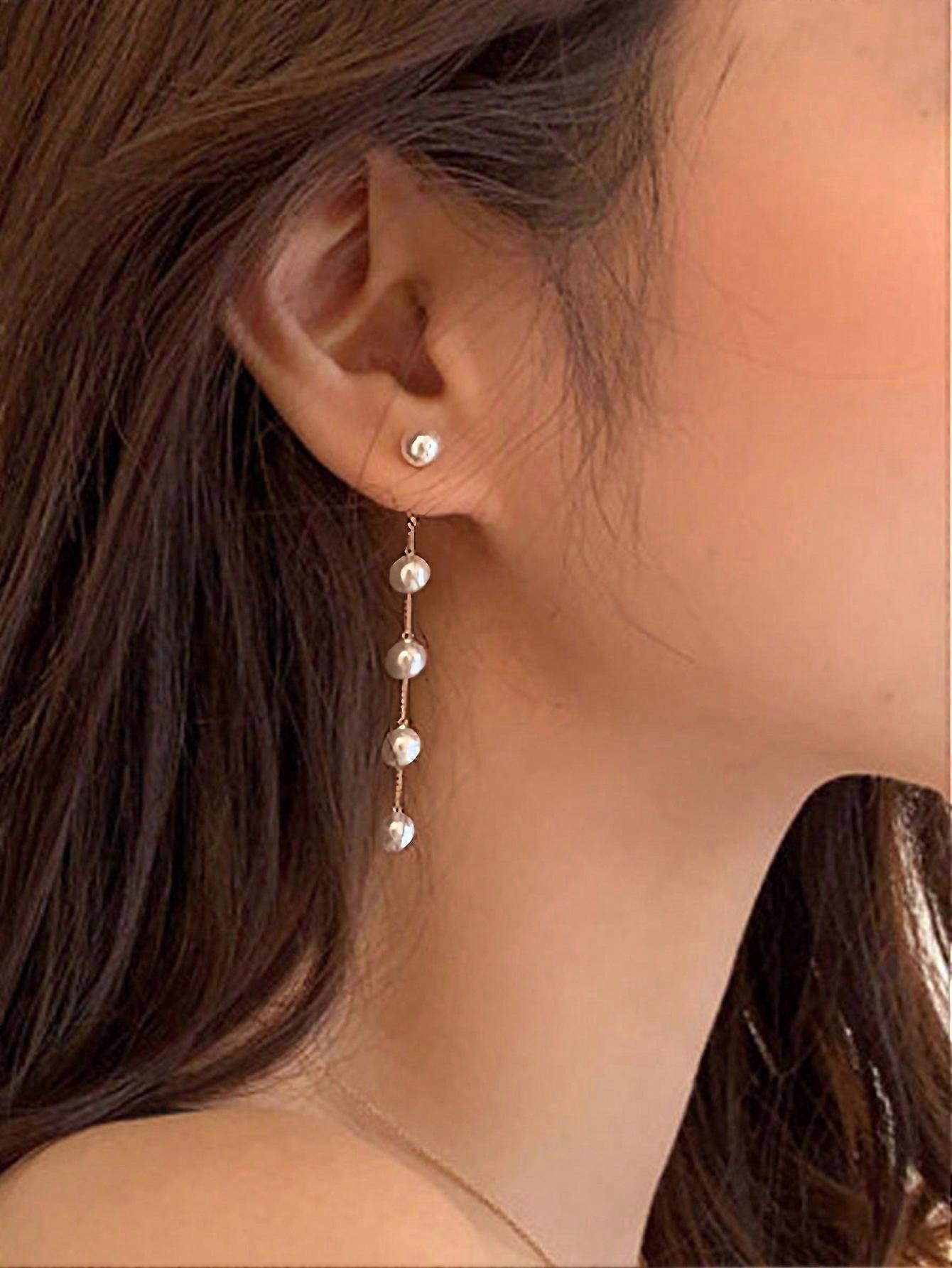 1 Pair Chain Pearl Decor Long Earrings
