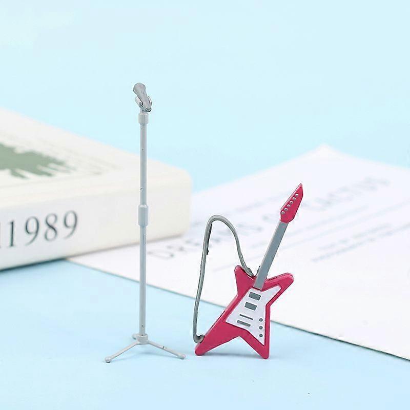 Dollhouse Minyatür Gitar Mikrofon Model Konser Seti İskelet Bebek Cadılar Bayramı