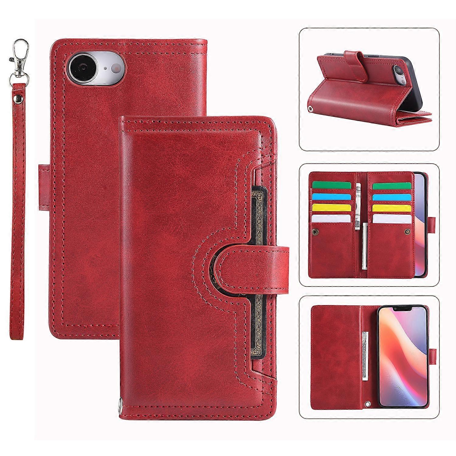 For iPhone 16e Case Split Leather Magnetic Wallet Phone Protector with Wrist Strap