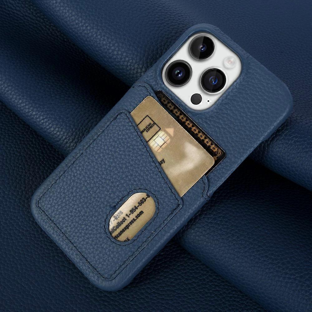 Iphone 14 Pro Max için Mavi Deri Litchi Kart Yuvası Kılıfı