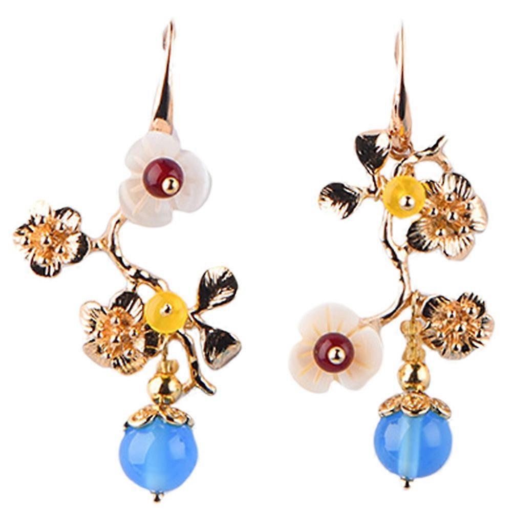 Earrings Retro Design Asymmetric Ear Drop Plum Blossom Branch Alloy Shell Agate Jewelry Decoration 1Pair